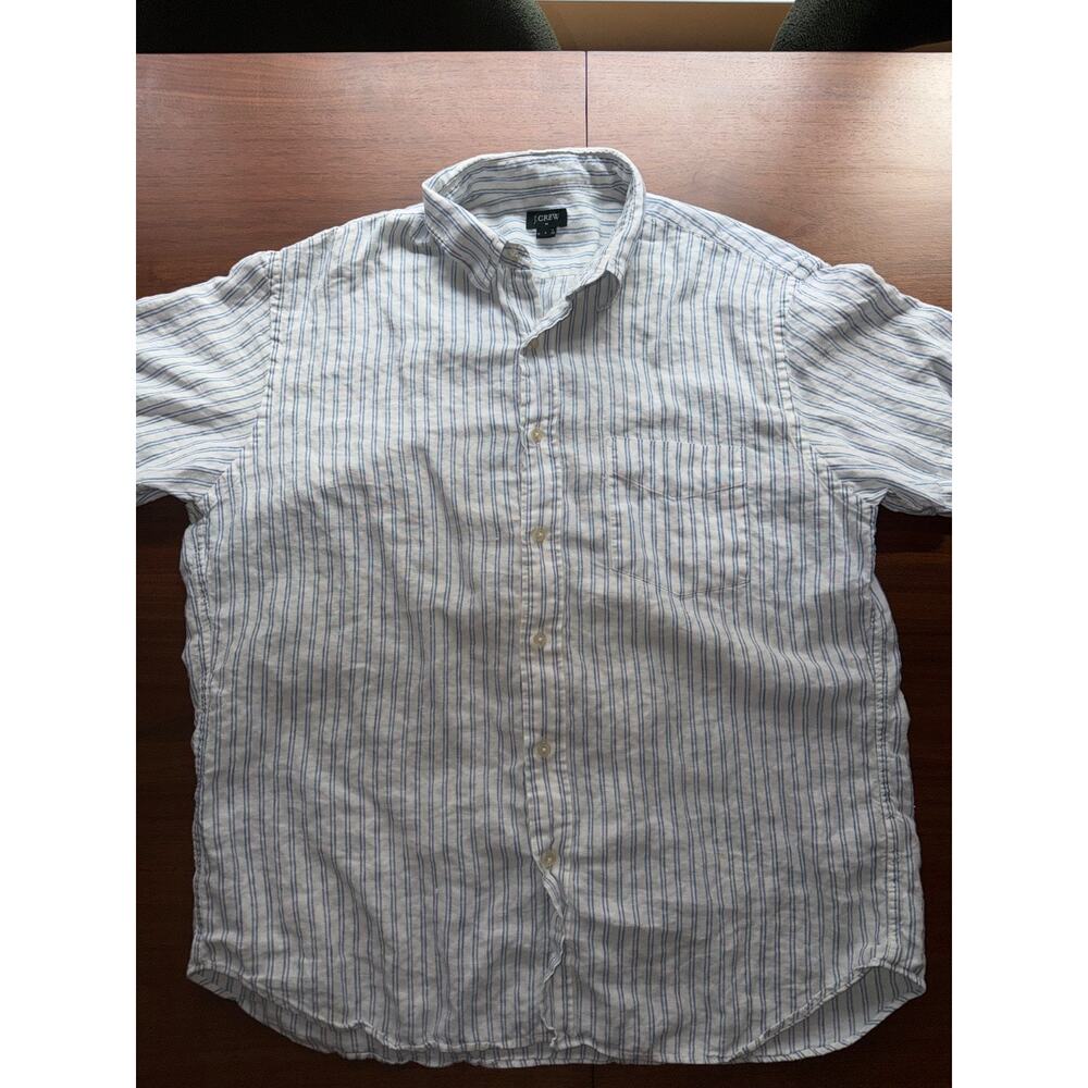 J. Crew Factory White Linen Button-Down Shirt with Blue Stripes